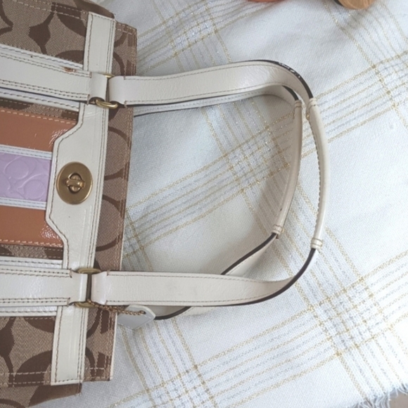 COACH  Signature Stripped TurnLock CarryAll Shoulder Bag - Picture 10 of 15